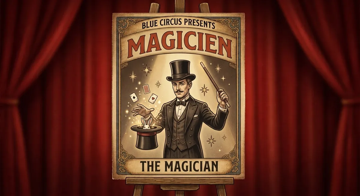 Le Magicien — affiche vintage de la troupe du Blue Circus