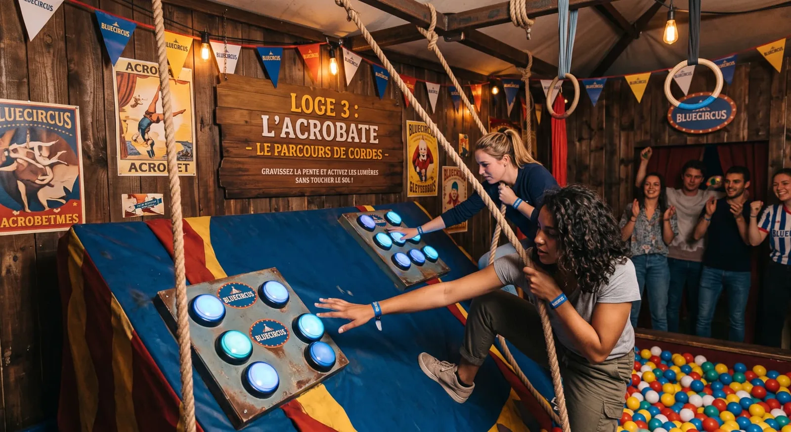 Deux joueuses grimpent le parcours de cordes de la Loge 3 L'Acrobate au Blue Circus