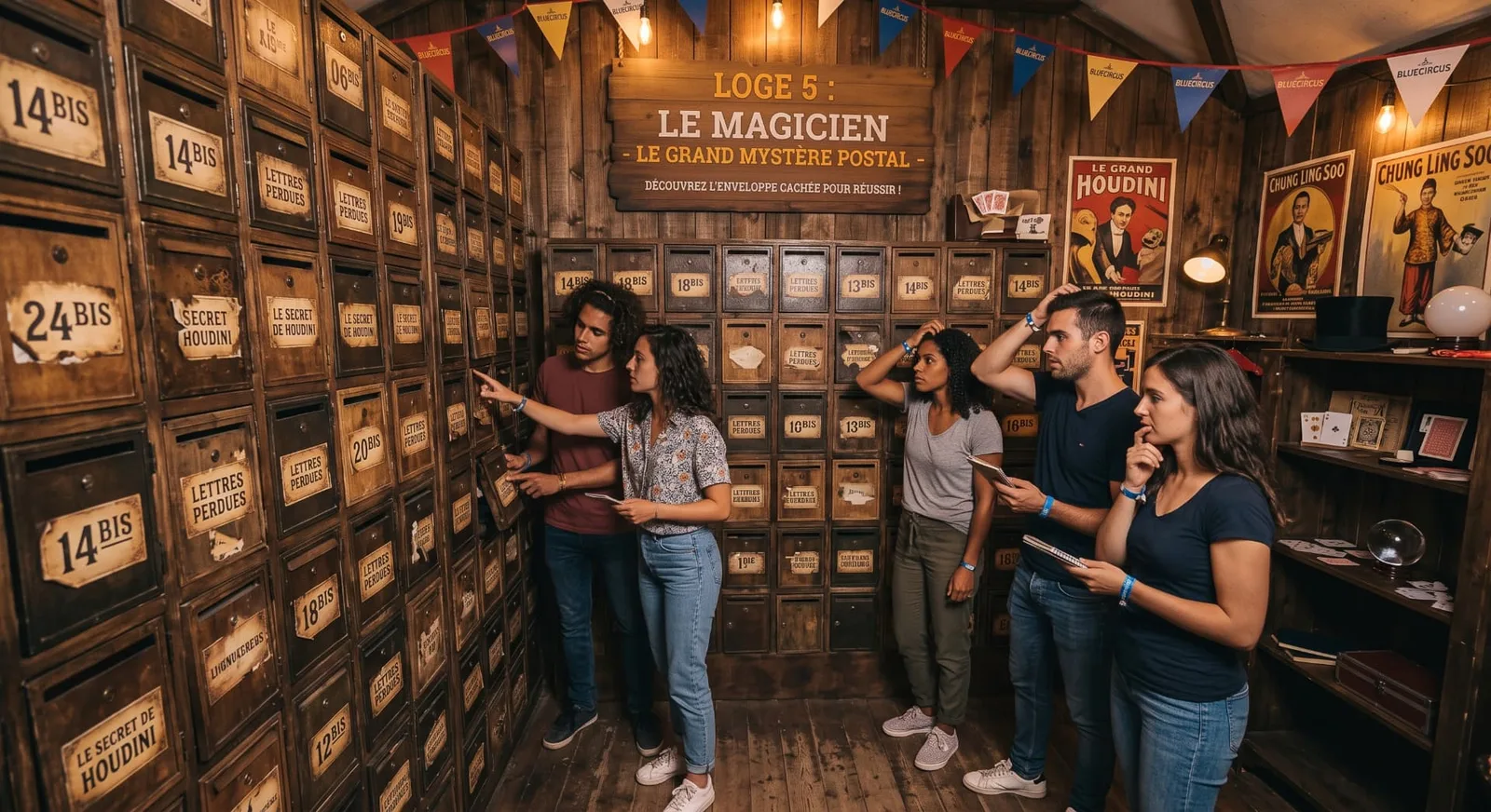 Cinq joueurs cherchent l'enveloppe cachée dans les casiers de la Loge 5 Le Magicien au Blue Circus