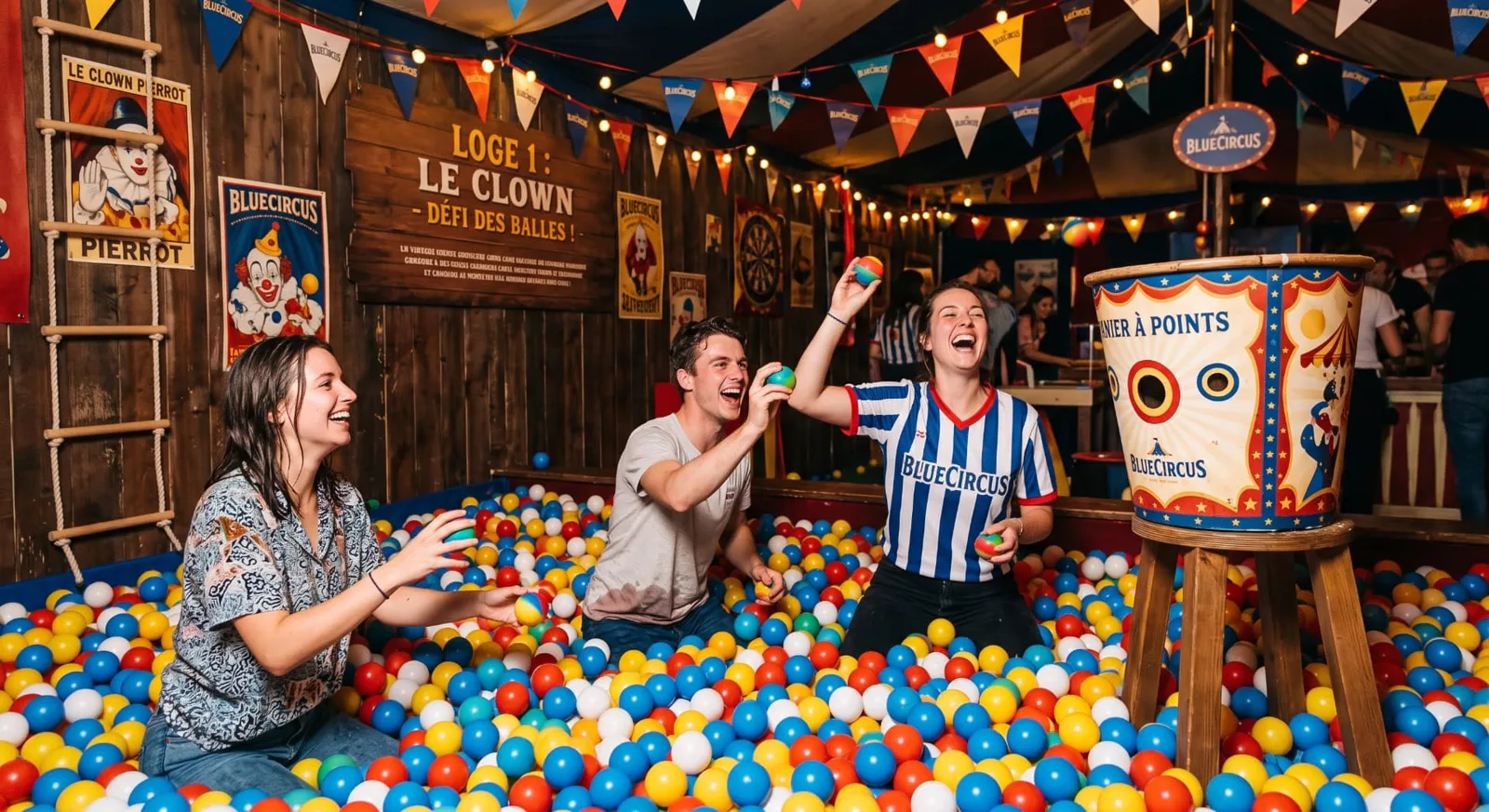 Trois joueurs rient dans la piscine à balles de la Loge 1 Le Clown, action game Le Chapiteau au Blue Circus