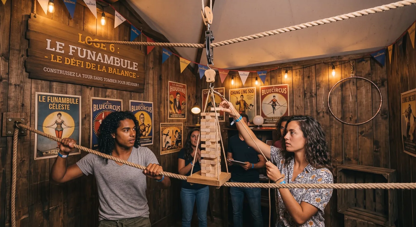 Des joueurs construisent une tour en équilibre suspendue à des cordes dans la Loge 6 Le Funambule au Blue Circus