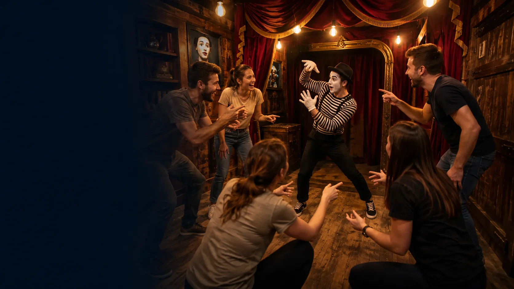 Une équipe rit face au mime pendant un défi de l'action game Le Chapiteau au Blue Circus