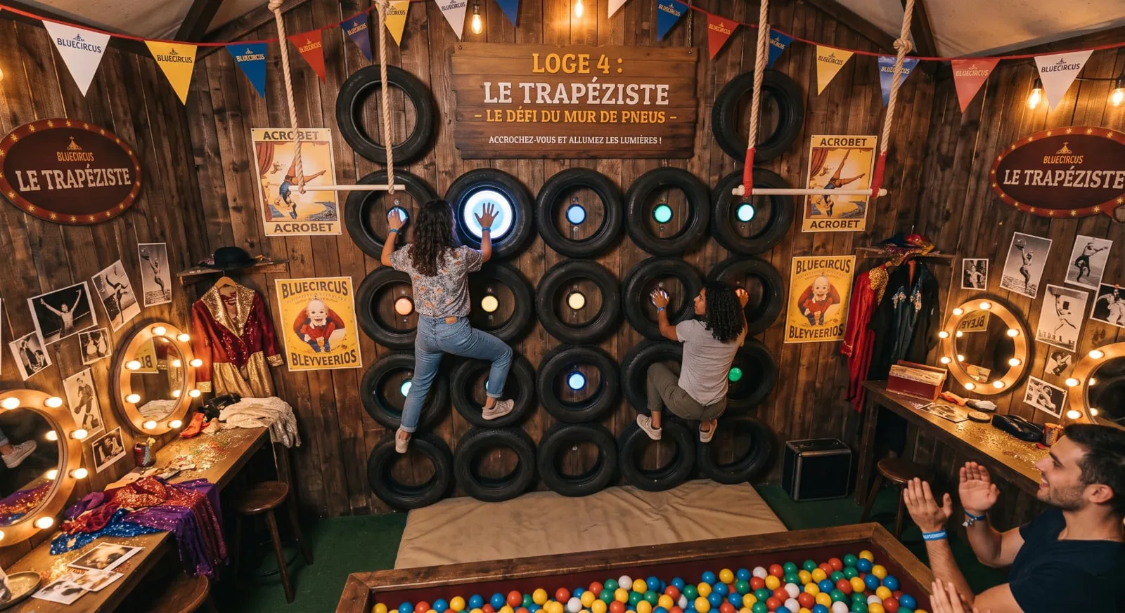 Deux joueurs escaladent le mur de pneus de la Loge 4 Le Trapéziste au Blue Circus