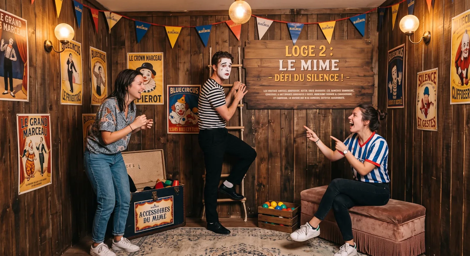 Joueurs face à un mime dans la Loge 2 du Chapiteau, défi du silence au Blue Circus